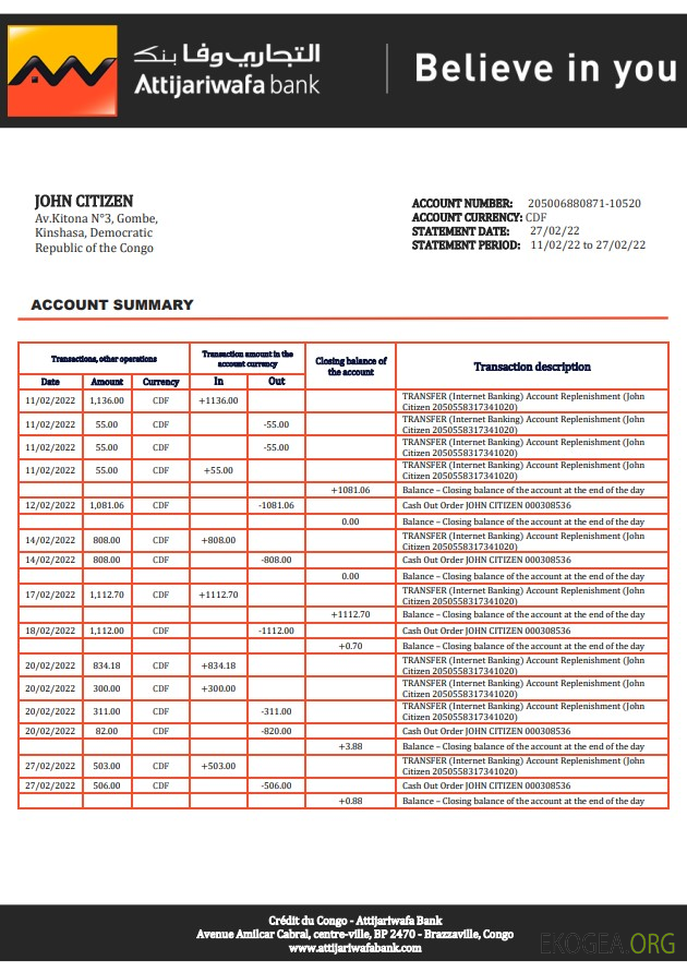 Relevé bancaire Congo Crédit du Congo